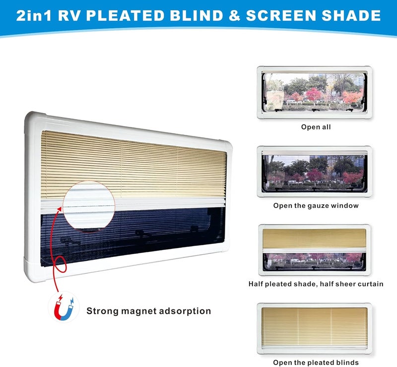 Dulepax RV Window Shade, Aluminum Frame RV Blinds Shades for Window, 26" W x 24" L, 2-in-1 Screen & Pleated Blinds, RV Blinds for Camper Window - Image 3